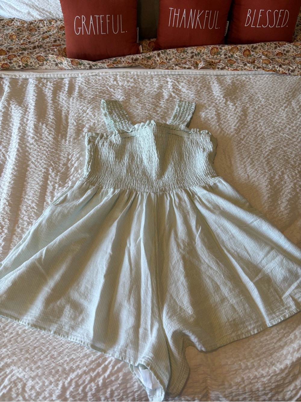 Smocked Striped Romper - Light Mint Green